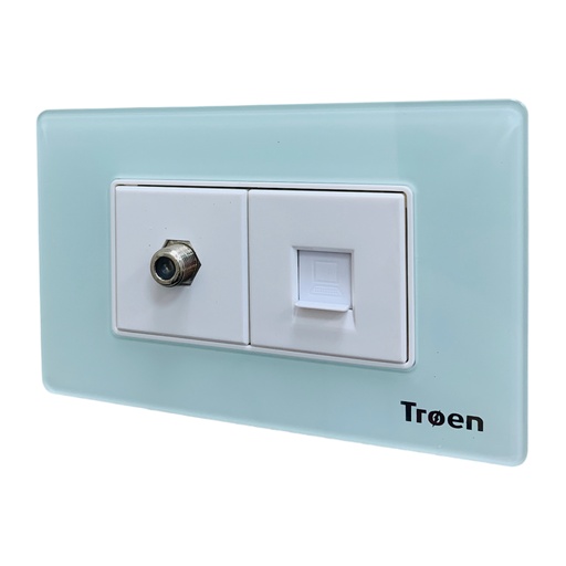 [12569] TOMA PARA CABLE COAXIAL Y RED RJ45 ACRILICO VERDE AGUA TROEN