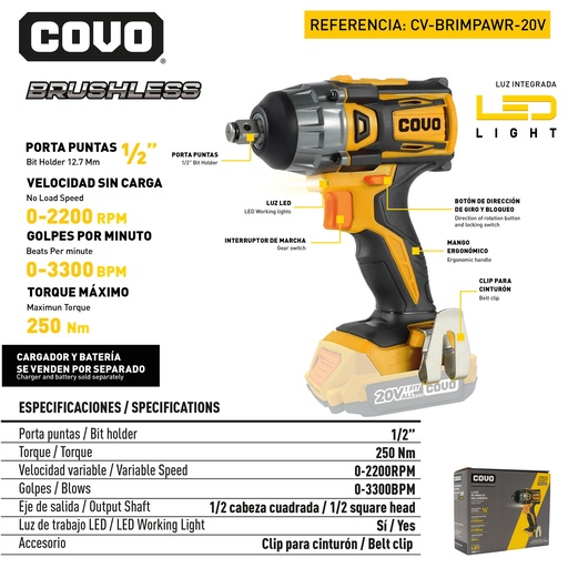 [12594] LLAVE DE IMPACTO INALAMBRICO BRUSHLESS 20V COVO