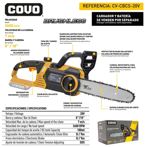 [12625] MOTOSIERRA INALAMBRICA BRUSHLESS 20V COVO