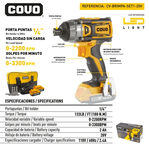 [12637] SET DESTORNILLADOR DE IMPACTO INALAMBRICO BRUSHLESS 20V COVO