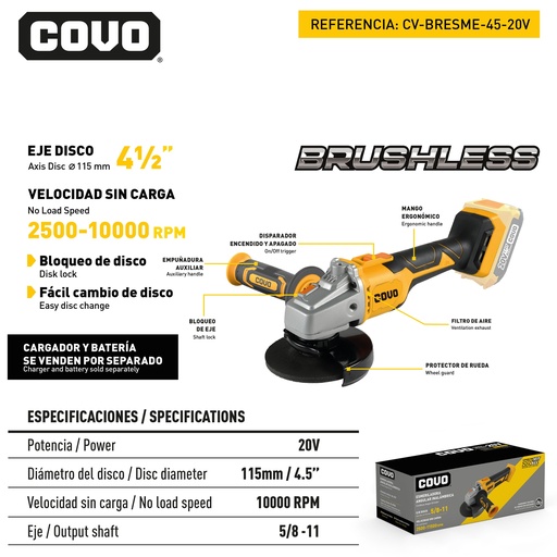 [12645] ESMERIL INALAMBRICO 4 1/2" BRUSHLESS 20V COVO