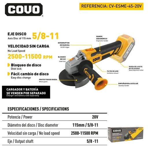 [12646] ESMERIL INALAMABRICO 5/8-11 20V  COVO