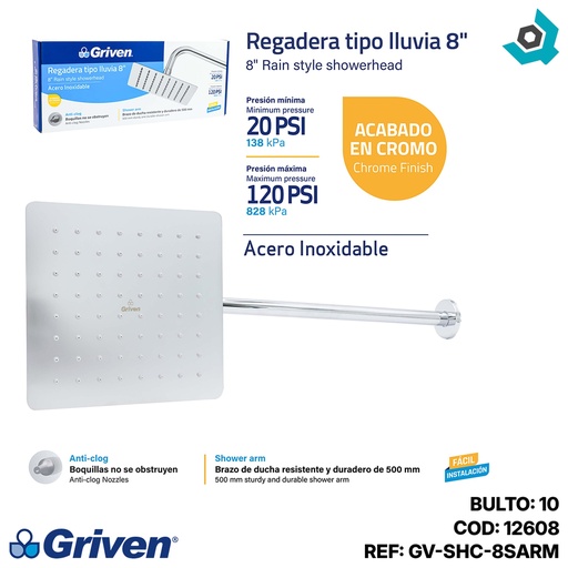 [12608] REGADERA TIPO LLUVIA 8" CROMADA CUADRADA GRIVEN