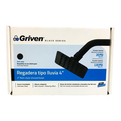 [12617] REGADERA TIPO LLUVIA 4" NEGRO MATE CUADRADA GRIVEN