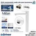 GRIFERIA CUELLO ALTO PARA LAVAMANOS BLANCO GRIVEN ELITE EDICION MILAN COLLECTION