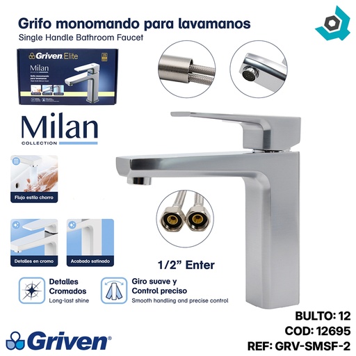 [12695] GRIFERIA MONOMANDO PARA LAVAMANOS SATINADO GRIVEN ELITE EDICION MILAN COLLECTION