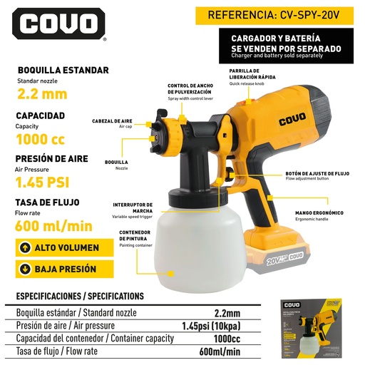 [12708] PISTOLA PARA PINTAR INALAMBRICA 20V COVO