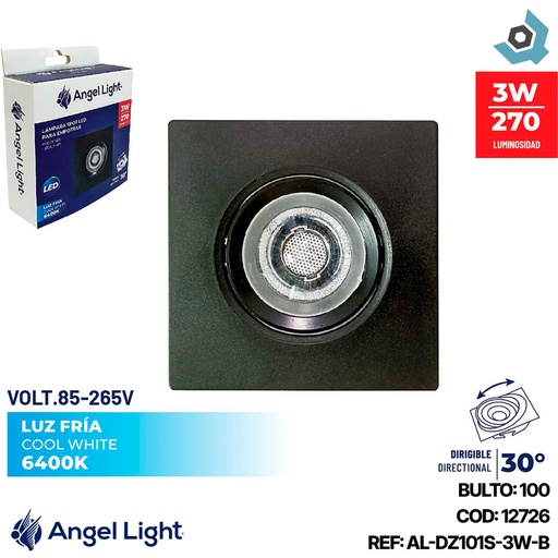 [12726] LAMPARA LED OJO DE BUEY 3W CUADRADA 6400K NEGRO ANGEL LIGHT