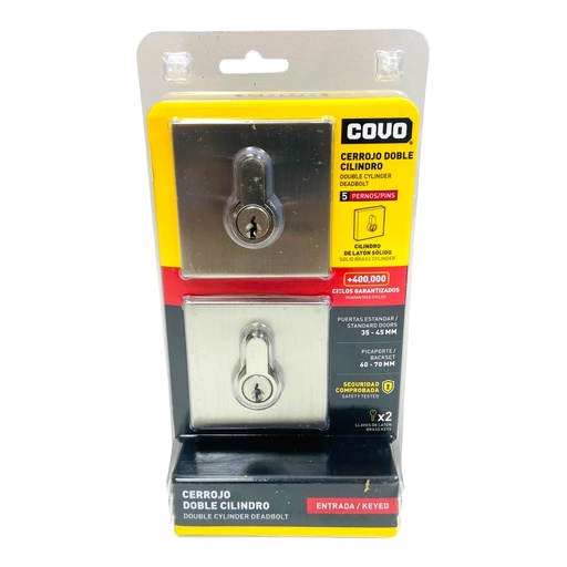 [12766] CERROJO DOBLE CILINDRO 45MM CUADRADO SATINADO COVO
