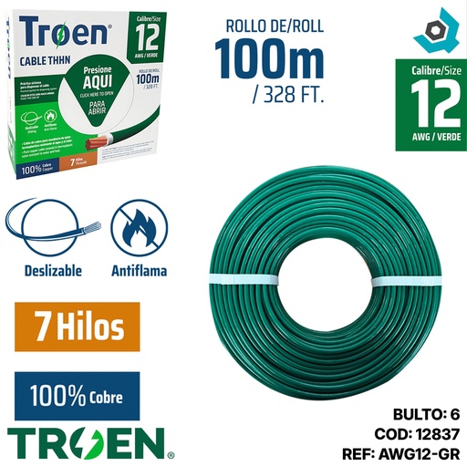 [12837] CABLE ELECTRICO 12 AWG VERDE 7 HILOS TROEN