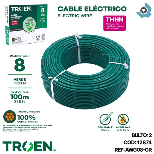 [12874] CABLE ELECTRICO 8 AWG VERDE 7 HILOS TROEN