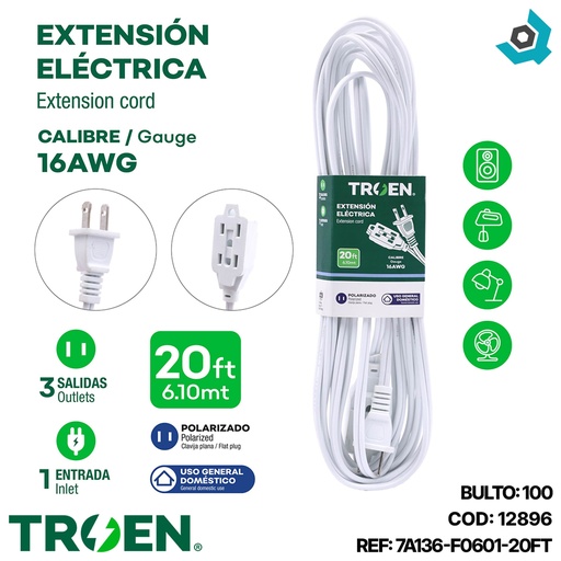 [12896] EXTENSION ELECTRICA 20FT 3 TOMAS TROEN