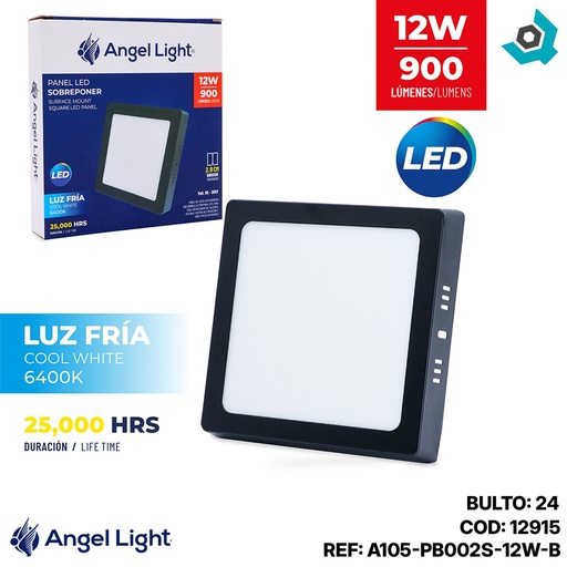 [12915] LAMPARA LED SUPERFICIAL CUADRADA 12W 4000K NEGRA ANGEL LIGHT