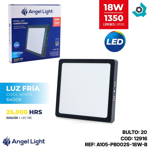 [12916] LAMPARA LED SUPERFICIAL CUADRADA 18W 4000K NEGRA ANGEL LIGHT