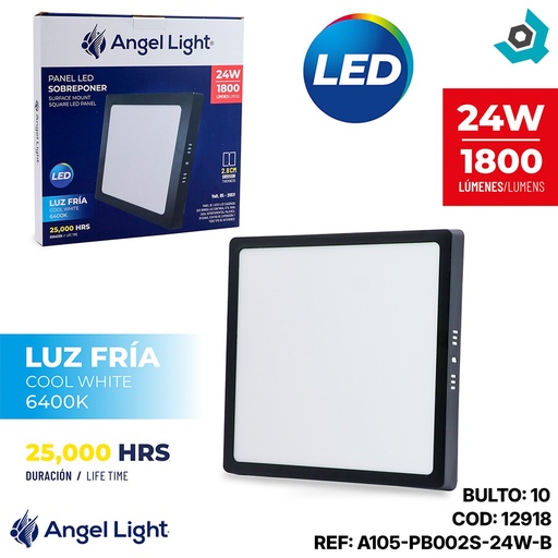 [12918] LAMPARA LED SUPERFICIAL CUADRADA 24W 4000K NEGRA ANGEL LIGHT