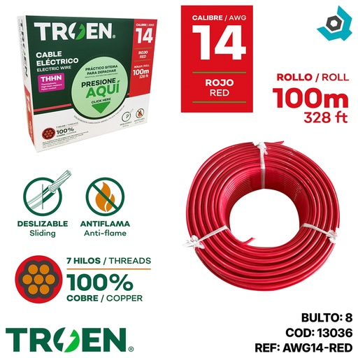 [13036] CABLE ELECTRICO 14 AWG ROJO 7 HILOS TROEN