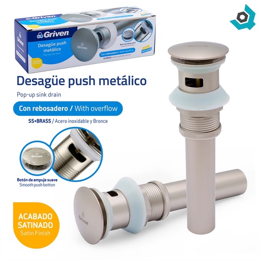 [13076] DESAGUE PUSH METALICO CON REBOSADERO SATINADO GRIVEN