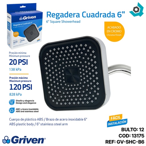 [13175] REGADERA CUADRADA 6" CROMADO GRIVEN