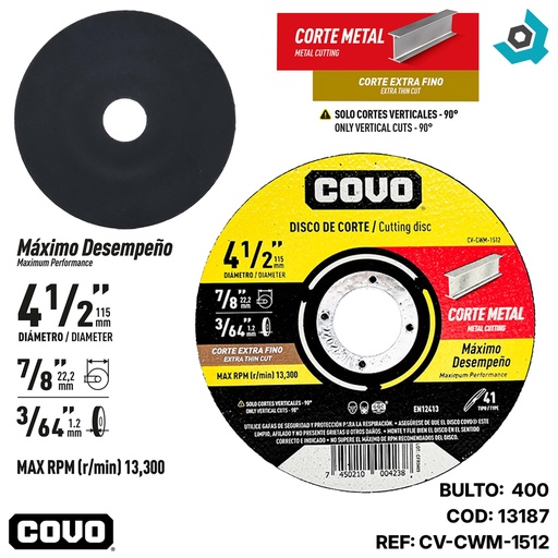 [13187] DISCO PARA CORTE EN METAL 4 1/2"  EXTRA FINO COVO