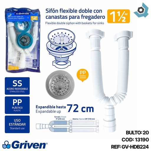 [13190] SIFON FLEXIBLE DOBLE CON CANASTA PARA FREGADERO 1 1/2" GRIVEN