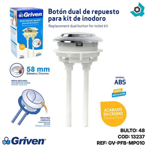 [13237] BOTON DOBLE DESCARGA DE REPUESTO PARA KIT DE INODORO GRIVEN