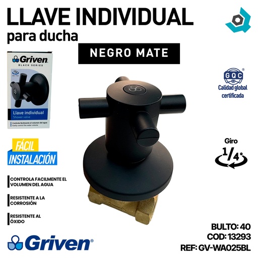 [13293] LLAVE INDIVIDUAL CRUZ PARA DUCHA NEGRO MATE GRIVEN