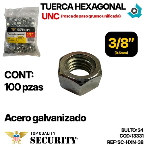 [13331] TUERCA HEXAGONAL 3/8" 100 PZAS SECURITY