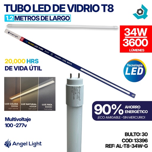 [13396] TUBO LED 34W DE VIDRIO T8 1.2M LUZ FRIA ANGEL LIGHT