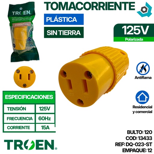 [13433] TOMACORRIENTE 125V PLASTICA SIN TIERRA TROEN