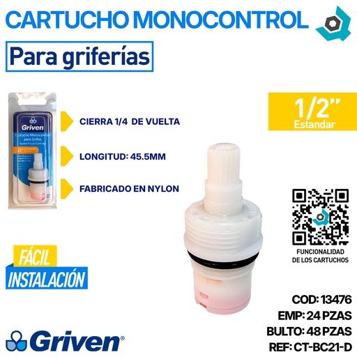 [13476] CARTUCHO MONOCONTROL 1/2" PARA GRIFERIAS GRIVEN