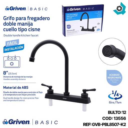 [13556] GRIFERIA PARA FREGADERO DOBLE MANIJA CUELLO TIPO CISNE GRIVEN BASIC
