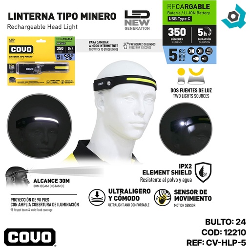 [12210] LINTERNA DE CABEZA RECARGABLE COVO