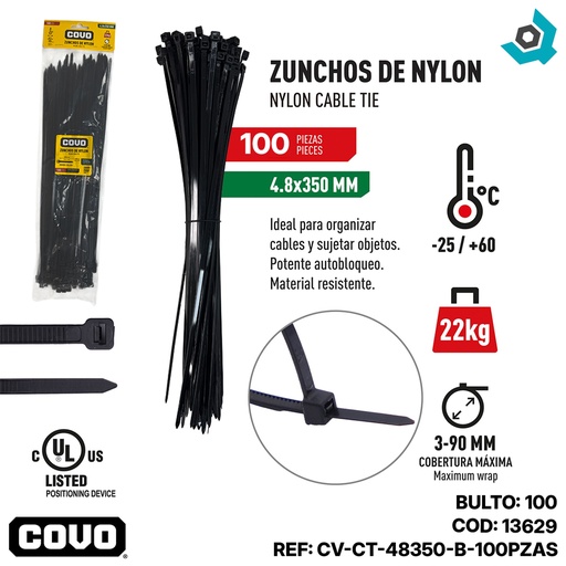 [13629] TIRRAJE NYLON NEGRO 4.8-350MM 100 PZAS COVO