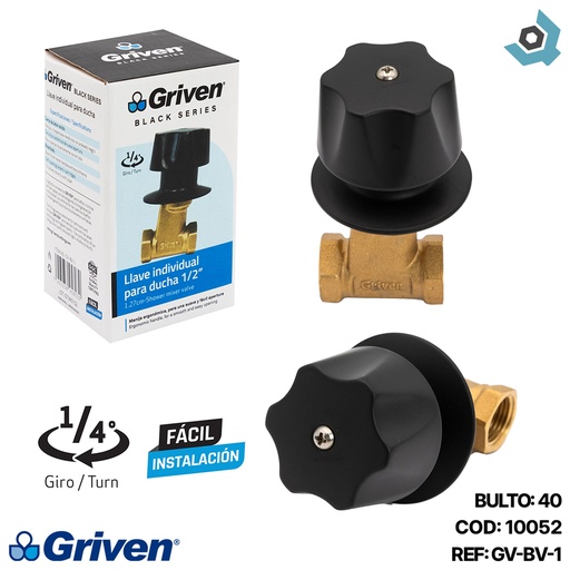 [10052] LLAVE PARA DUCHA 1/2" INDIVIDUAL GRIVEN BLACK