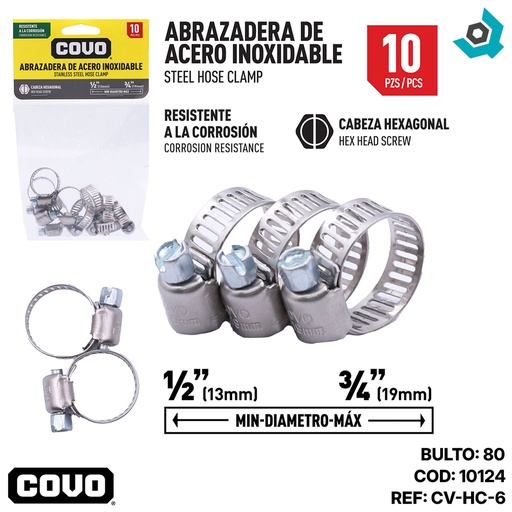 [10124] ABRAZADERAS 1/2" A 3/4" DE ACERO INOXIDABLE COVO