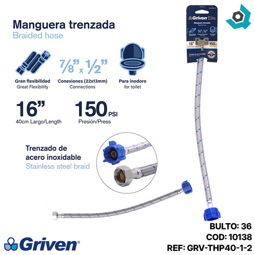 [10138] MANGUERA FLEXIBLE 1/2" X 5/8" TRENZADA GRIVEN ELITE