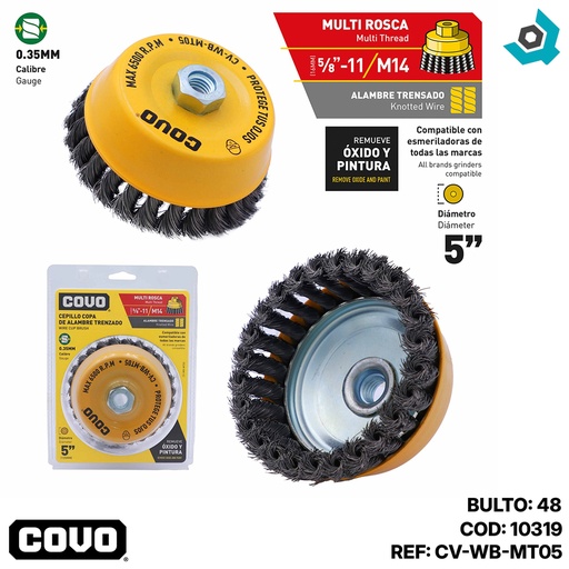 [10319] DISCO CEPILLO DE COPA DE ALAMBRE TRENSADO MULTIROSCA 5" X 5/8"-11 Y M14 COVO