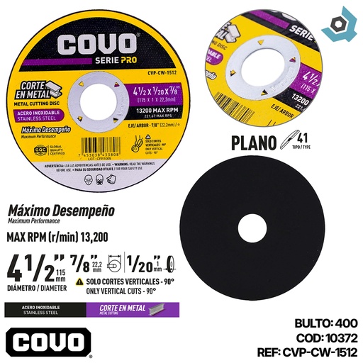 [10372] DISCO PARA CORTE EN METAL 4 1/2" FINO  COVO PRO