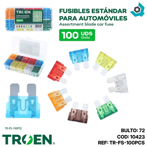 [10423] FUSIBLES ESTANDAR PARA AUTOMOVILES 100 PIEZAS TROEN