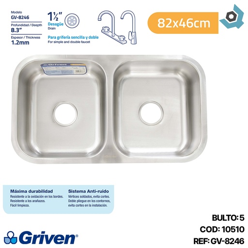 [10510] FREGADERO DE SOBREPONER 82X46 CM DE ACERO INOXIDABLE GRIVEN