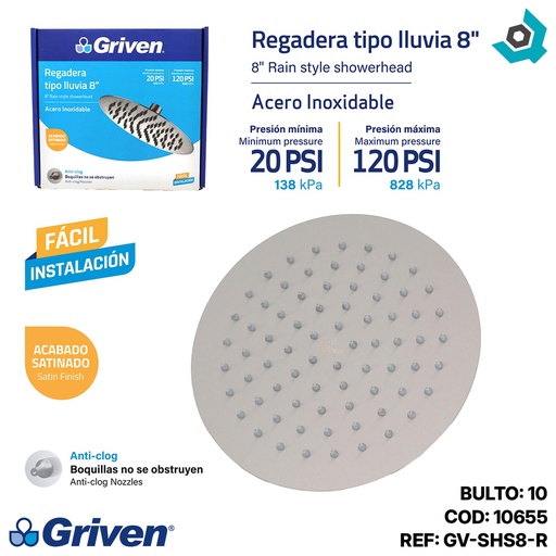 [10655] REGADERA PARA DUCHA TIPO LLUVIA REDONDA 8" SATINADA GRIVEN