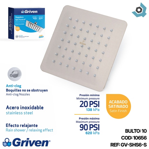 [10656] REGADERA PARA DUCHA TIPO LLUVIA CUADRADA 6" SATINADA GRIVEN