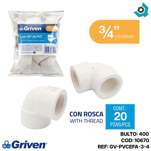 [10670] CODO 90GR DE PVC 3/4" CON ROSCA BLANCO GRIVEN