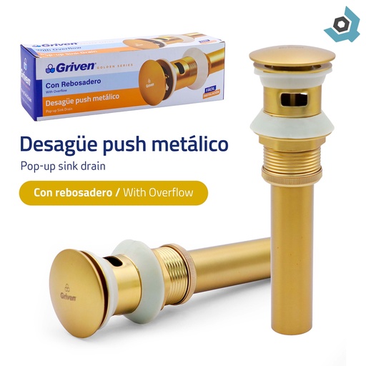 [10741] DESAGUE PUSH METALICO CON REBOSADERO DORADO GRIVEN GOLDEN