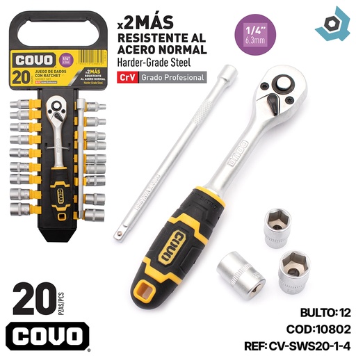 [10802] JUEGO DE DADOS CON RACHET 1/4" 20 PZA COVO