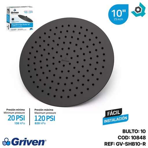 [10848] REGADERA PARA DUCHA TIPO LLUVIA REDONDA 10" GRIVEN BLACK