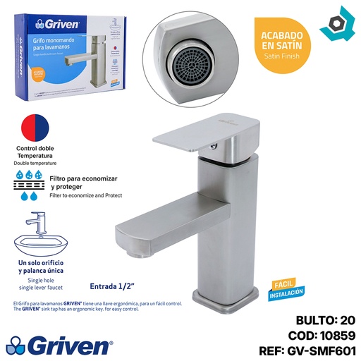 [10859] GRIFERIA PARA LAVAMANOS MONOMANDO SATINADO GRIVEN