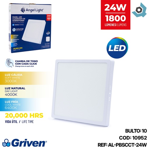 [10952] LAMPARA LED SUPERFICIAL CUADRADA 24W 3 TONOS ANGEL LIGHT
