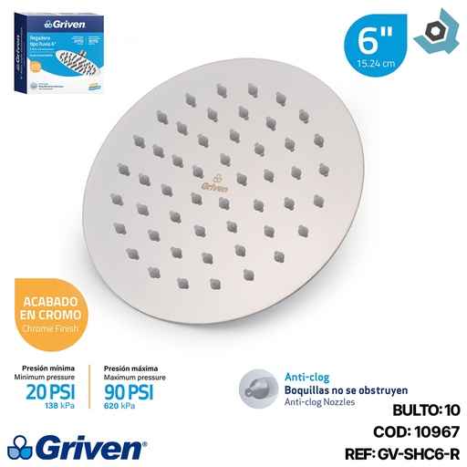 [10967] REGADERA PARA DUCHA TIPO LLUVIA REDONDA 6" CROMADA GRIVEN
