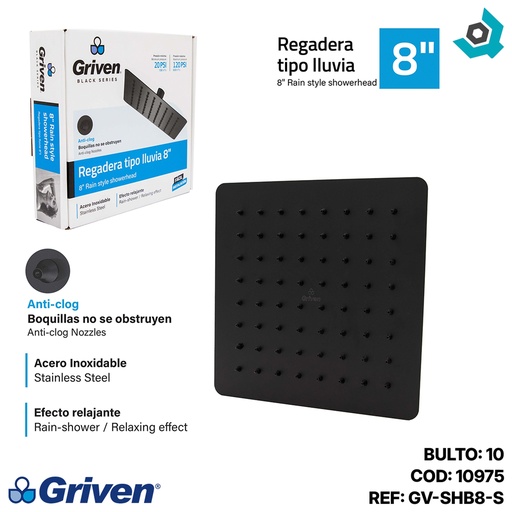 [10975] REGADERA PARA DUCHA TIPO LLUVIA CUADRADA 8" NEGRA GRIVEN BLACK